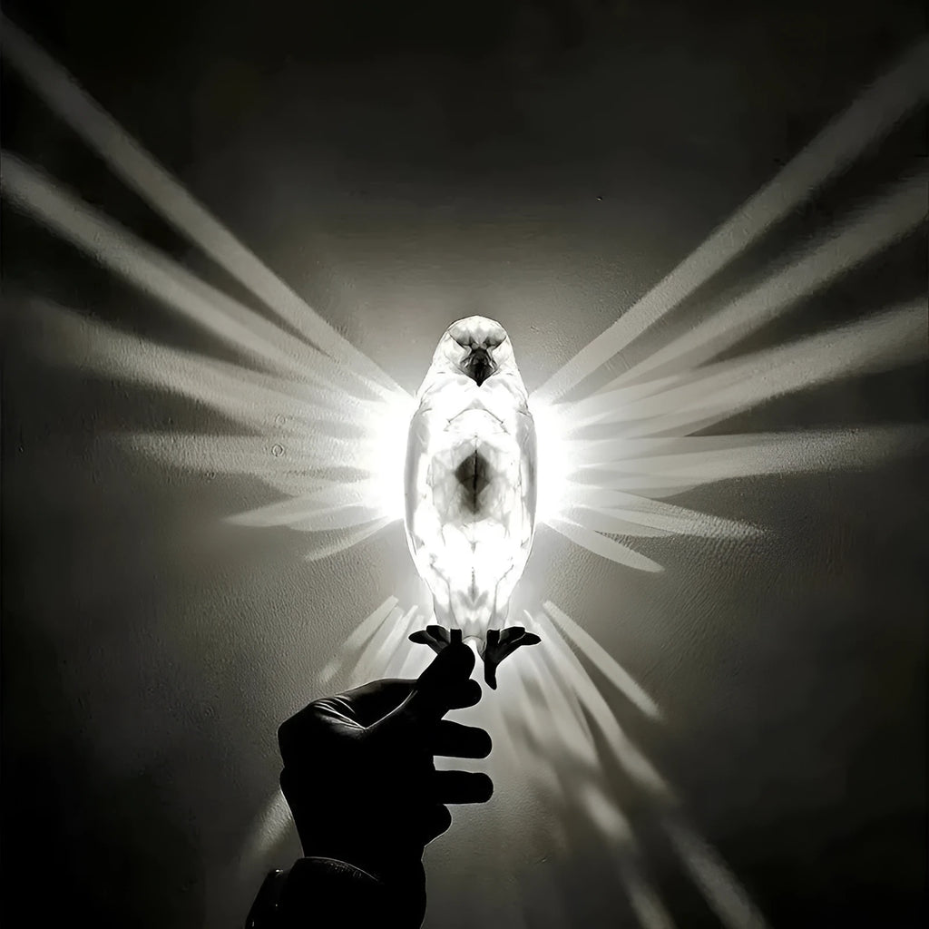 3D print resin wall lamp shaped like an owl projecting light and shadow onto a wall