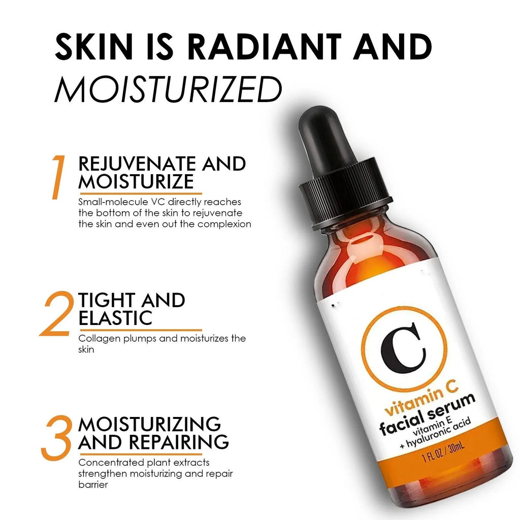 30ml anti-aging facial essence with Vitamin C and hyaluronic acid in a clear glass dropper bottle