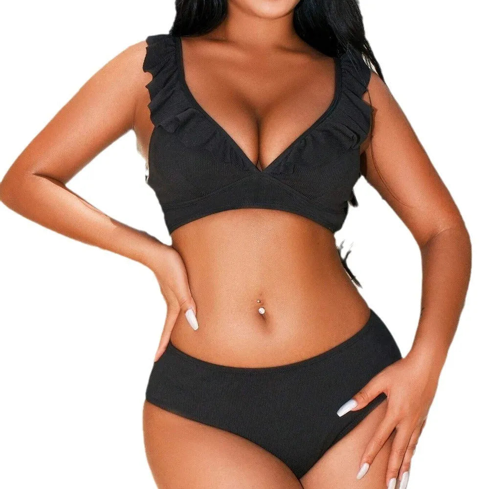 Retro striped split chest bikini swimwear in quick-drying polyester fabric