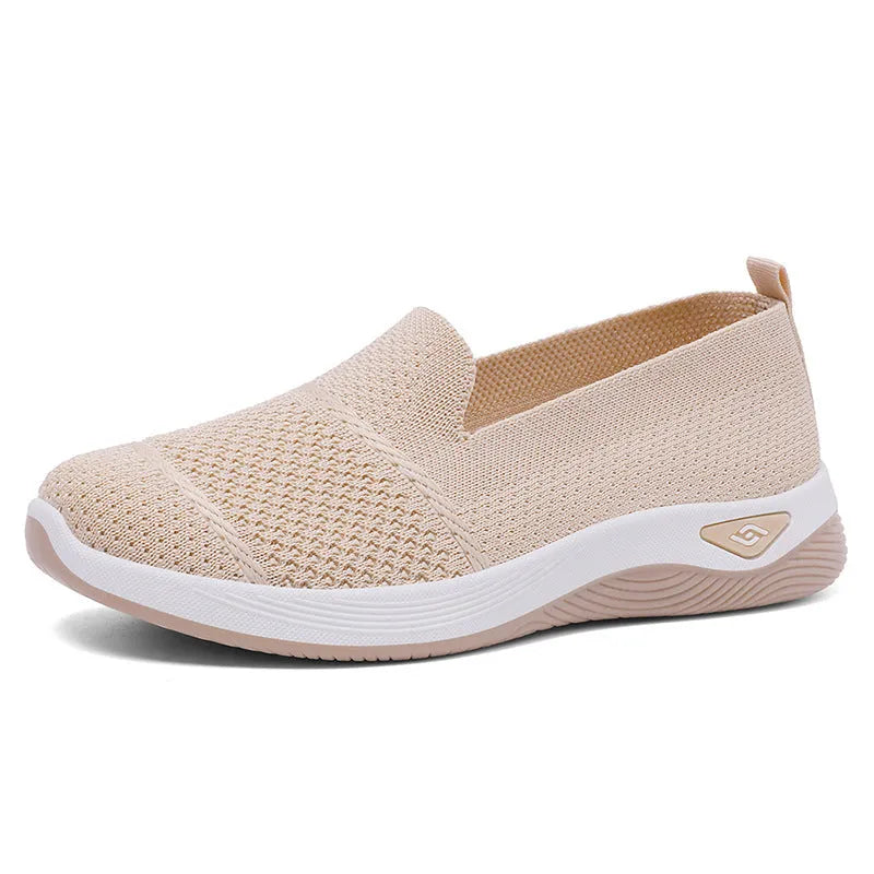 Ladies soft bottom Old Beijing cloth shoes with Flyknit upper, round toe, low heel, shallow mouth – beige colour option
