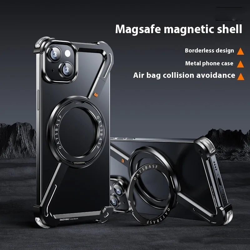 Seamless aluminium alloy phone case with hollow back and magnetic bracket for iPhone 15 Pro Max