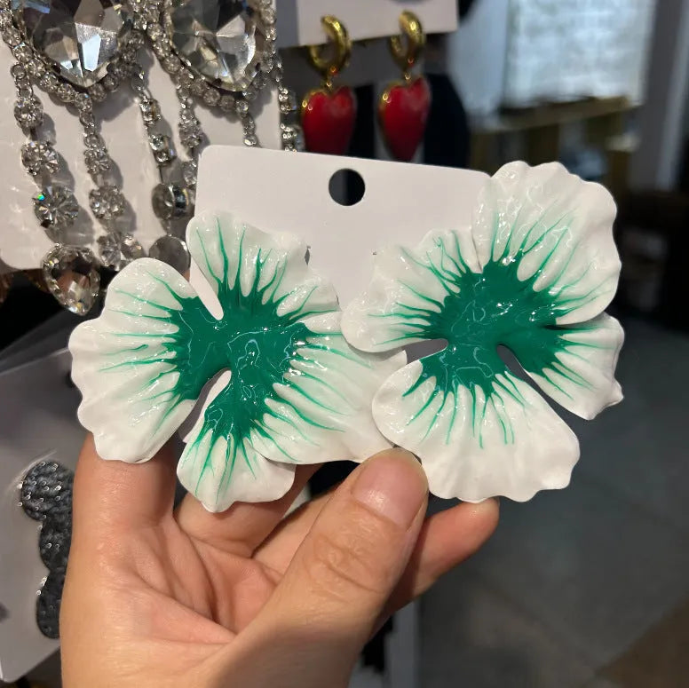 Alloy electroplated flower stud earrings with oil-spot glaze finish in four colour options