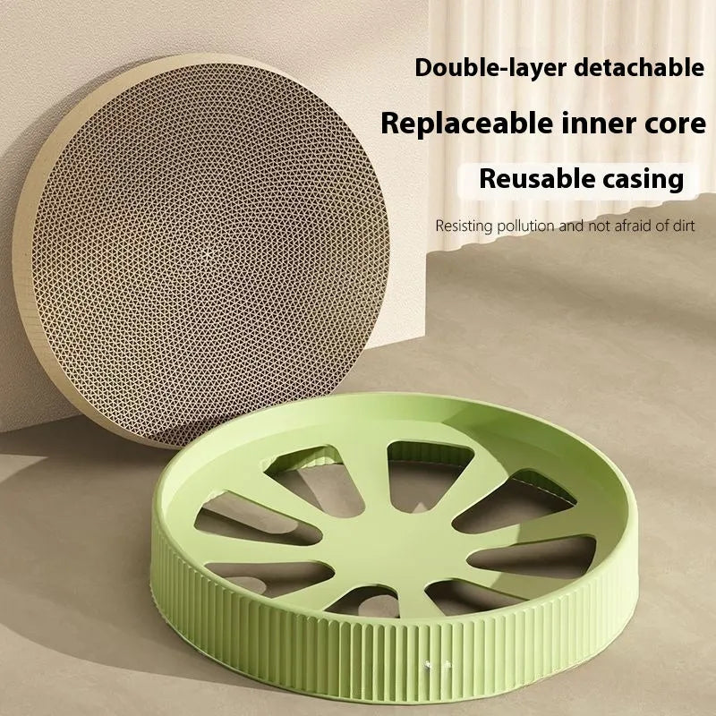 Green round cat scratching board made of corrugated cardboard, 55cm diameter.