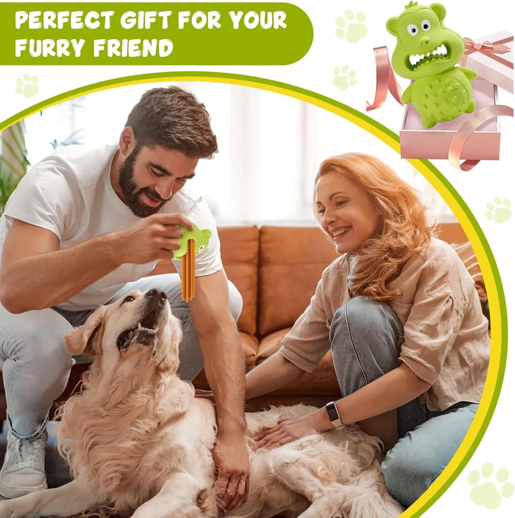 Green and yellow thick natural rubber squeaky dog toy for aggressive chewing breeds.