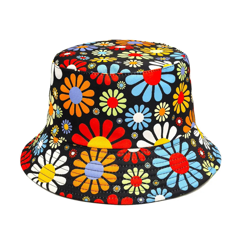 Colourful floral pattern retro bucket sun hat with a dome crown, shown on a neutral background.