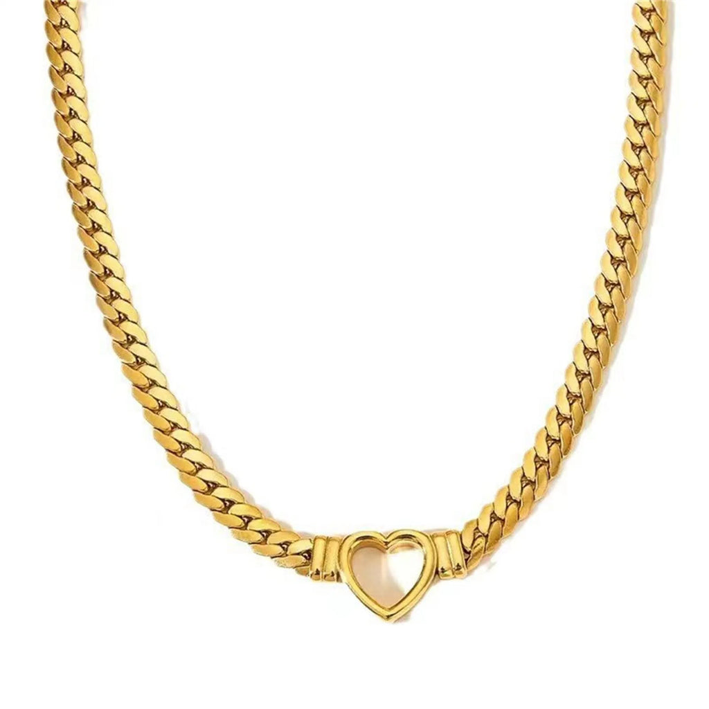 Gold titanium steel personalised love chain necklace and bracelet set with Cuban links and heart shape on white background