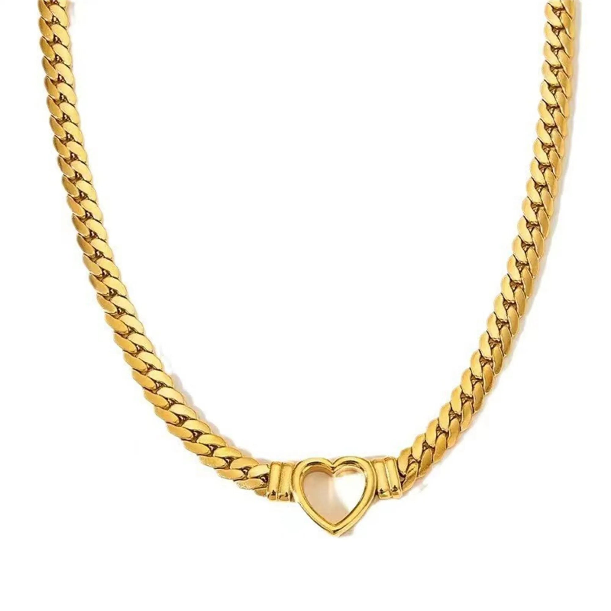 Gold titanium steel personalised love chain necklace and bracelet set with Cuban links and heart shape on white background