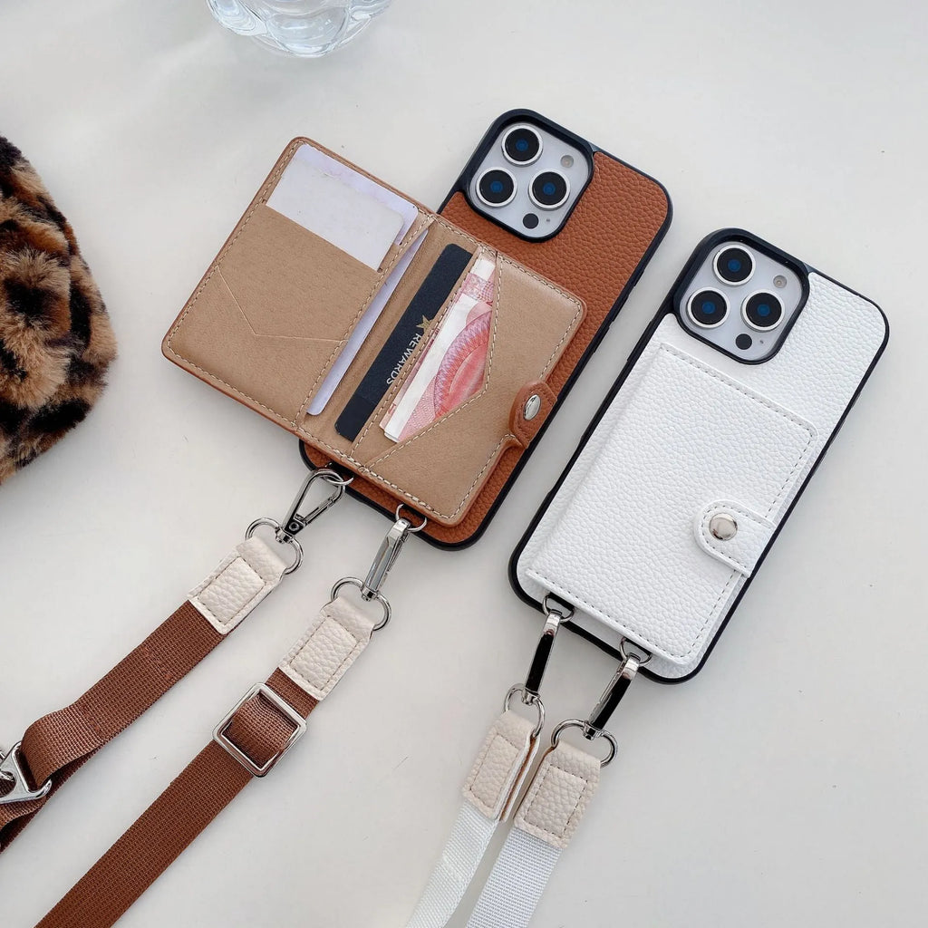 Black PC leather phone case with card slot and attached lanyard for iPhone, shown alongside credit cards.