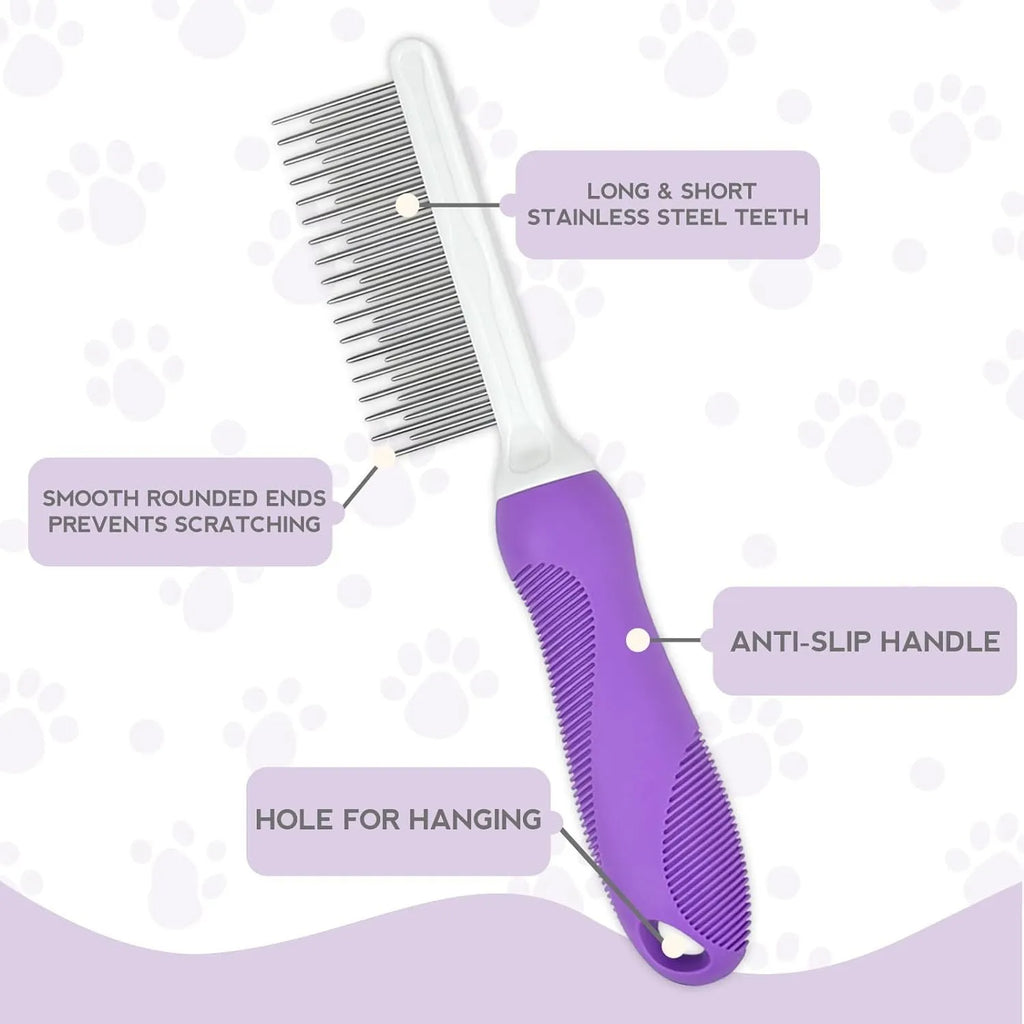 Purple pet detangling comb with stainless steel long and short teeth on an ergonomic handle.