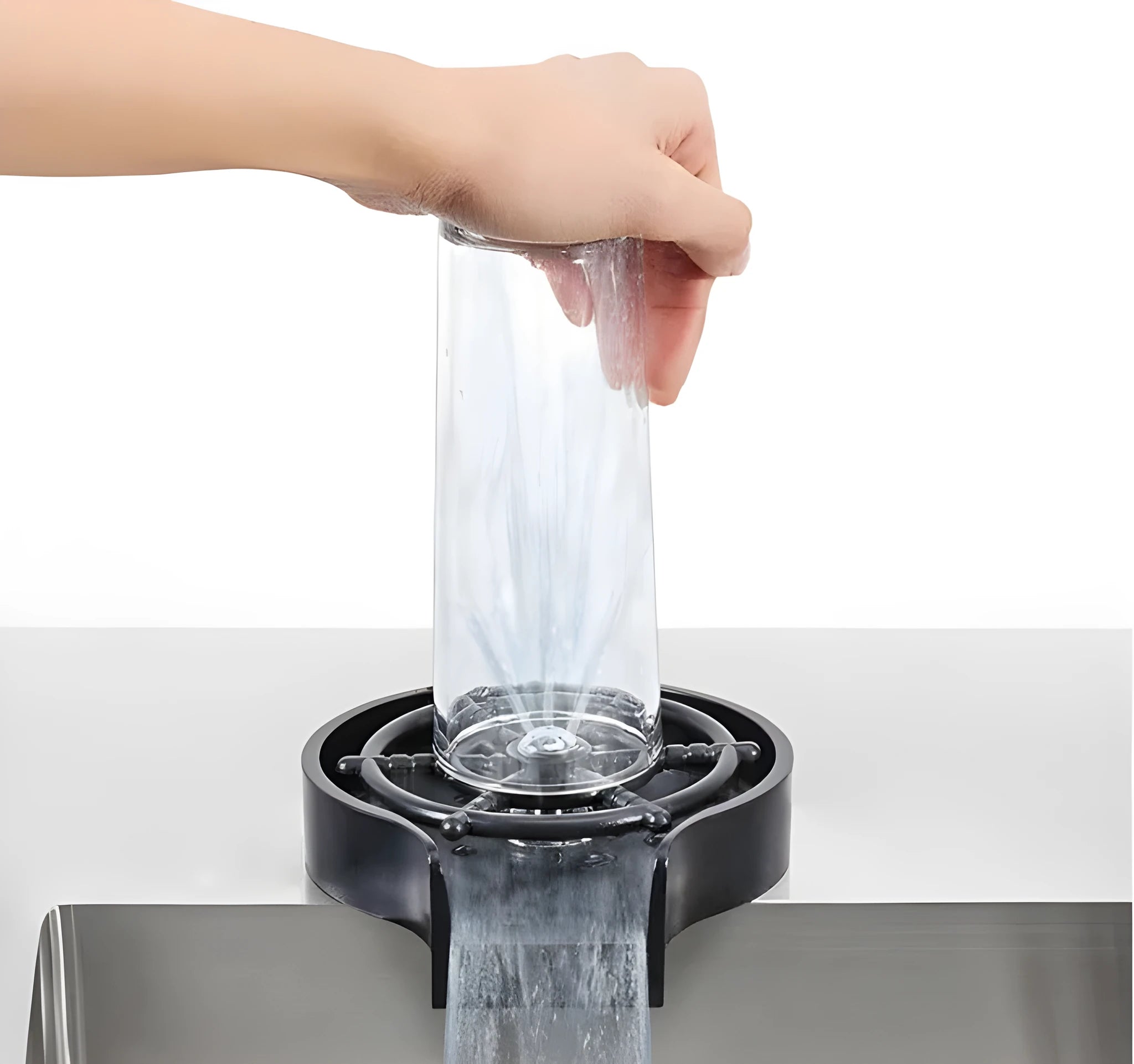 Black high pressure automatic stainless steel glass washer with ABS base and copper hose.