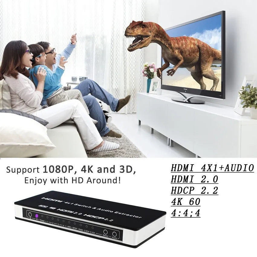 Black 4x1 HDMI switch with remote control for 4K video switching and audio extraction