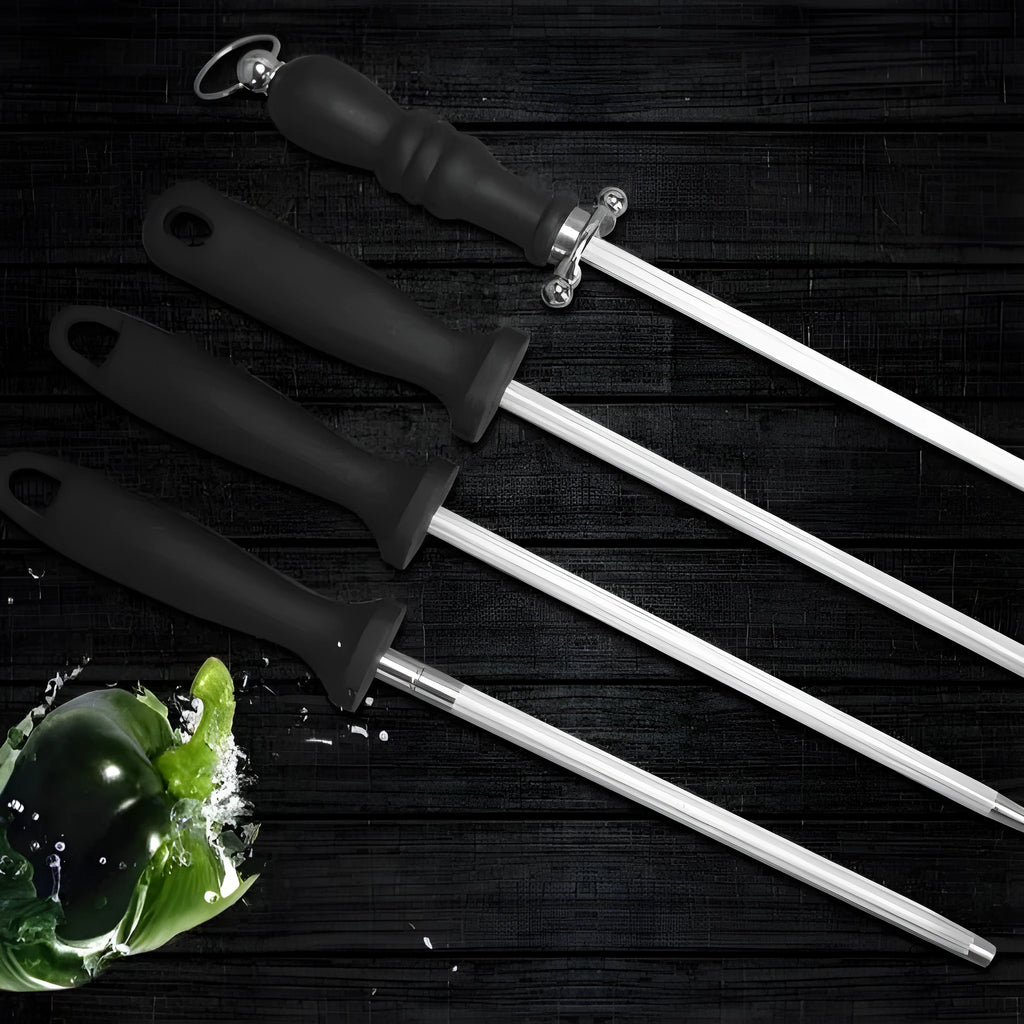 High carbon steel sharpening steel rod for kitchen knives, available in styles 1-8