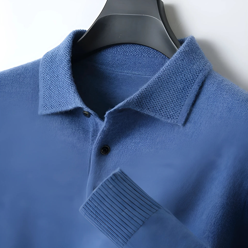 Men's polo collar wool sweater pullover in multiple colours on a size chart background.