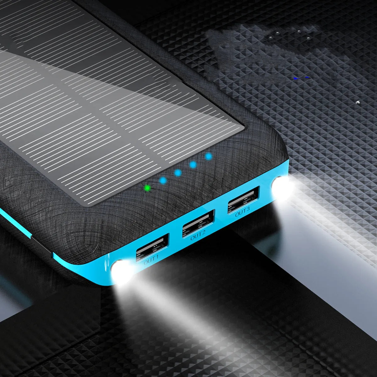 Wireless power bank with Qi charging showing three USB ports and LED flashlight in black-blue colour
