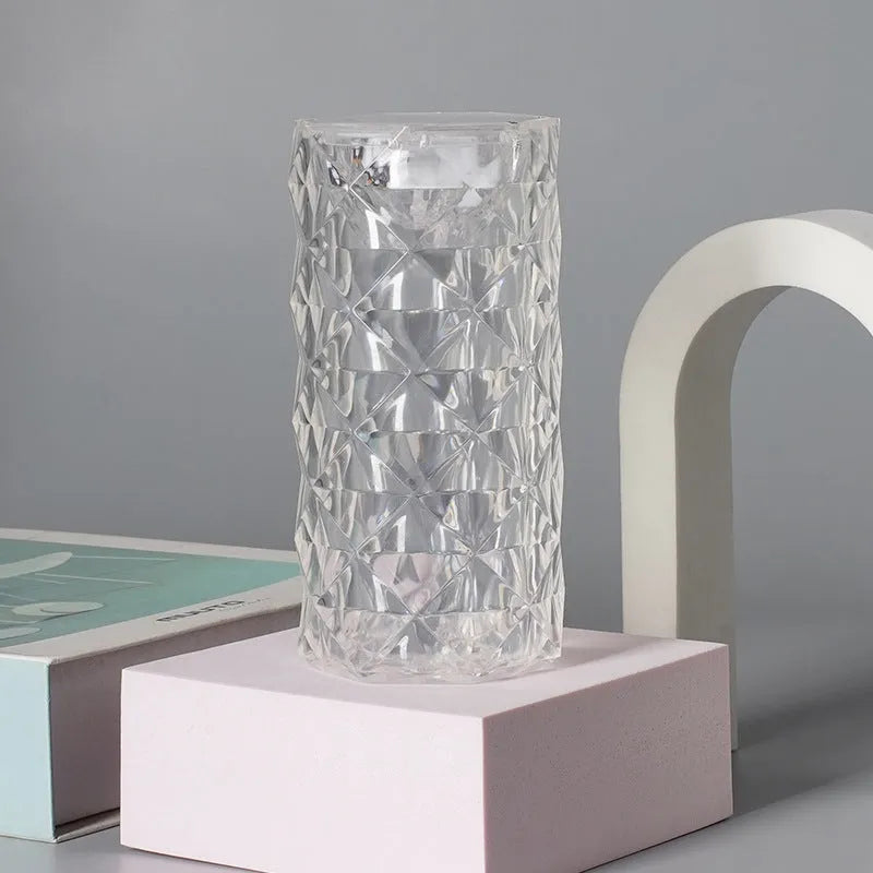 Crystal rose atmosphere lamp with plastic lampshade, 12cm tall, battery-powered, emitting warm yellow light