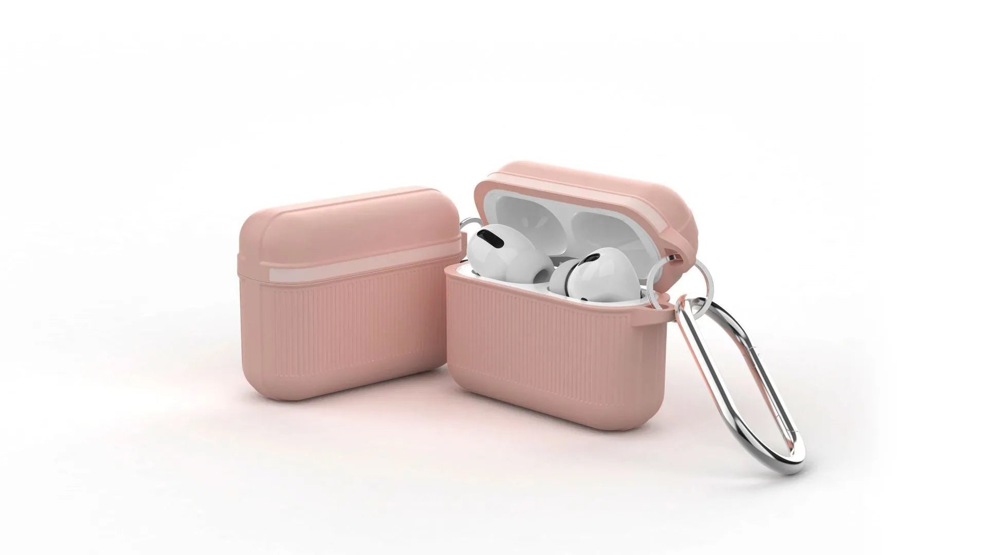 Beige silicone clamshell protective case for Apple AirPods with a metal buckle.