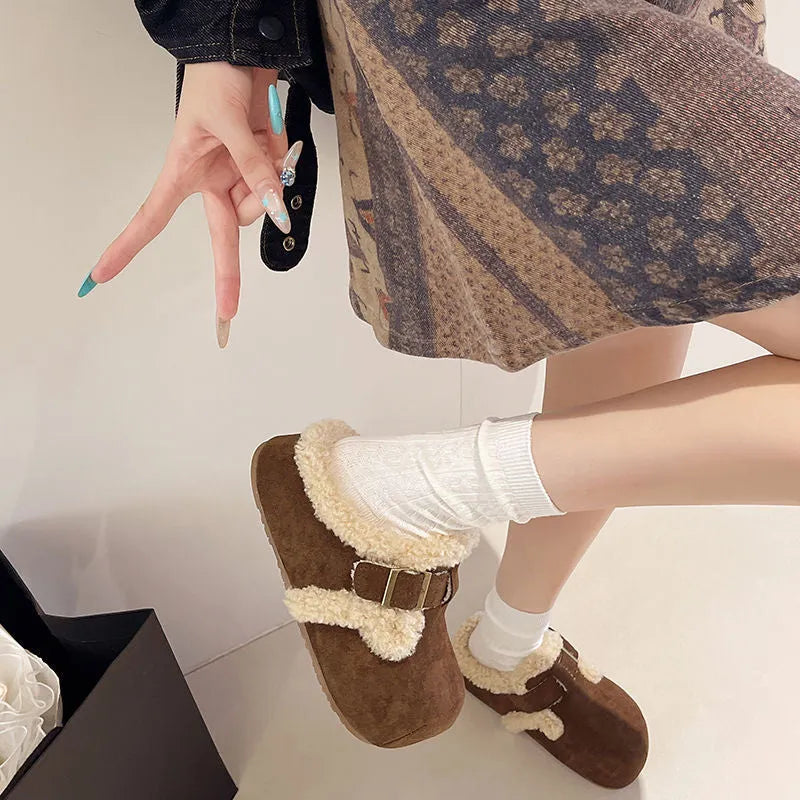 Baotou semi-drag fleece lazy cotton slippers in camel colour with closed toe and rubber sole on a light background