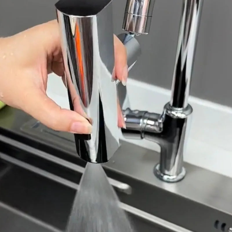 Kitchen faucet waterfall nozzle extension with rotating sprayer in black or silver finish