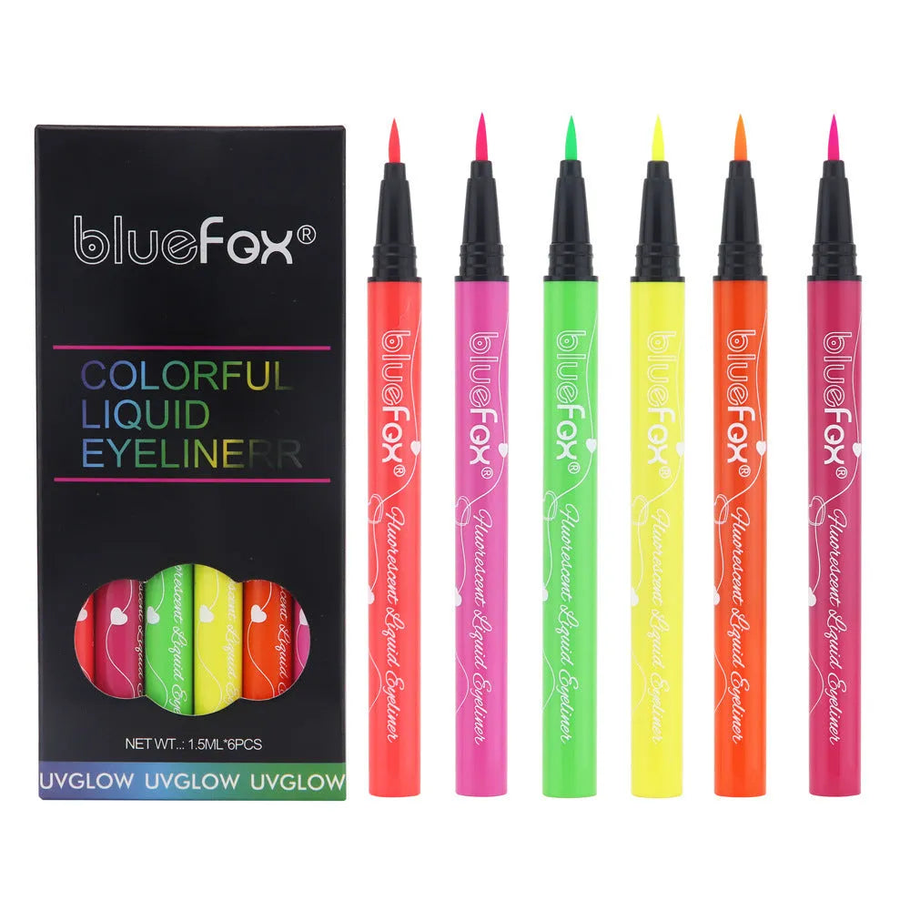 Set of six 1.5ml fluorescent liquid eyeliners in assorted colours including black, brown, purple, and watermelon red.