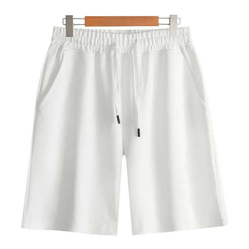 Straight-leg cotton shorts for summer in grey, shown on a hanger.