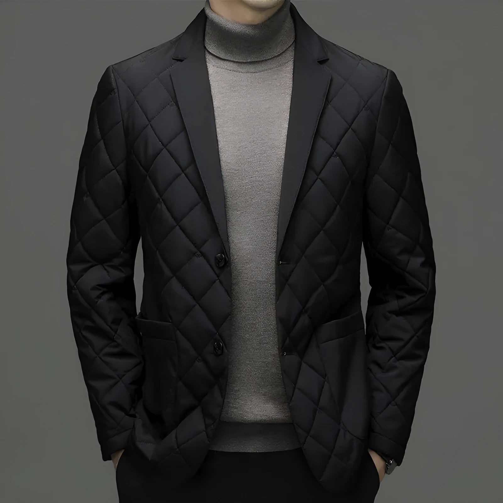 Man wearing a solid colour thick lapel down jacket with side seam pockets.
