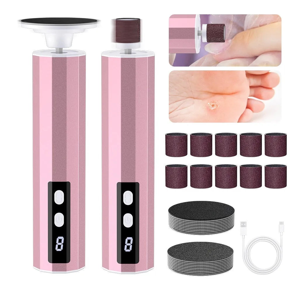 Electric callus remover kit with USB cable, grinding wheels, and gift box in pink, black, or purple.