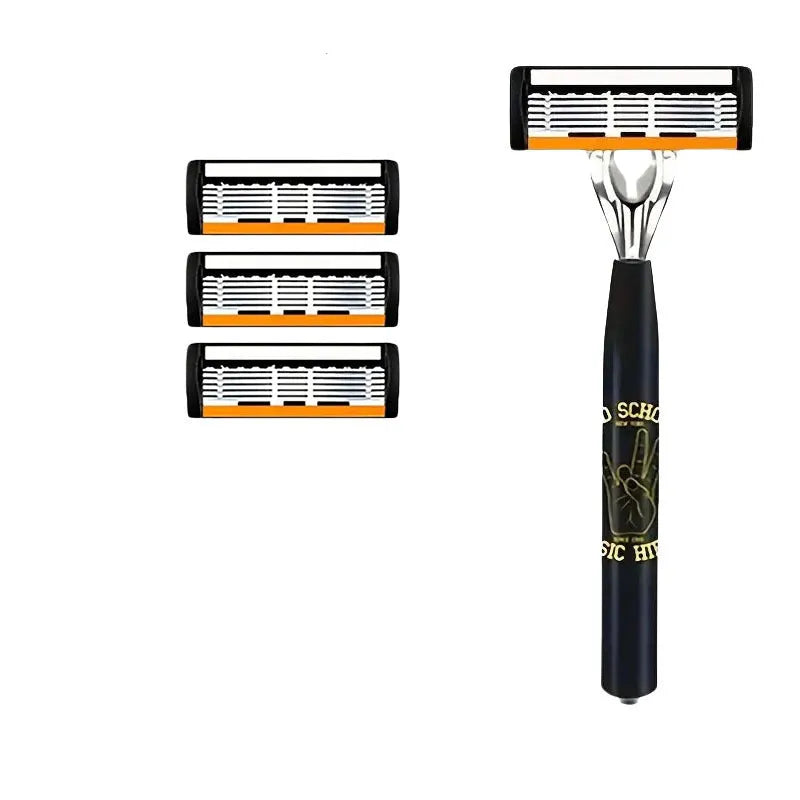 Black six-layer finger-type handle for a manual shaver cutter head with assorted blade rests.