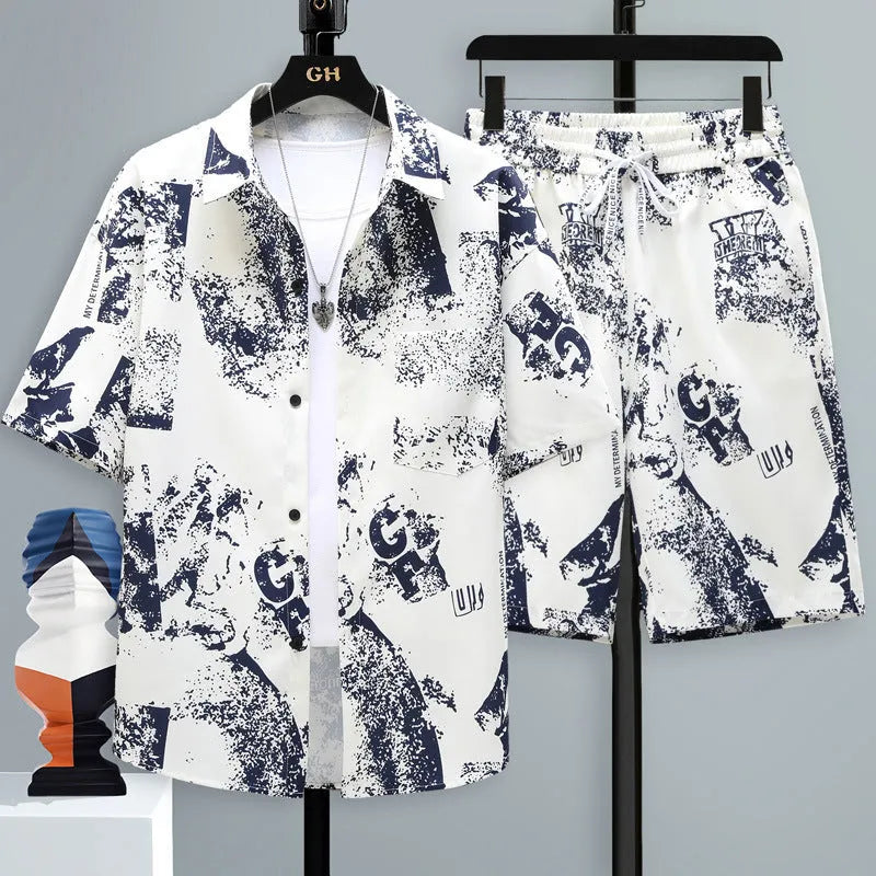 Men's casual polyester short-sleeve top and matching shorts two-piece set on a hanger.