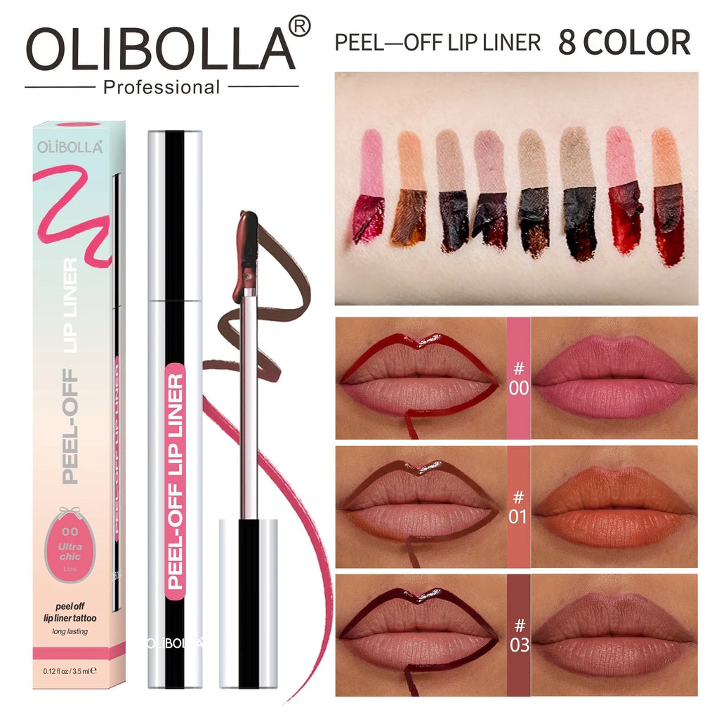 Slippery lip liner pencil in waterproof, smudge-proof formula with eight colour options A to H.