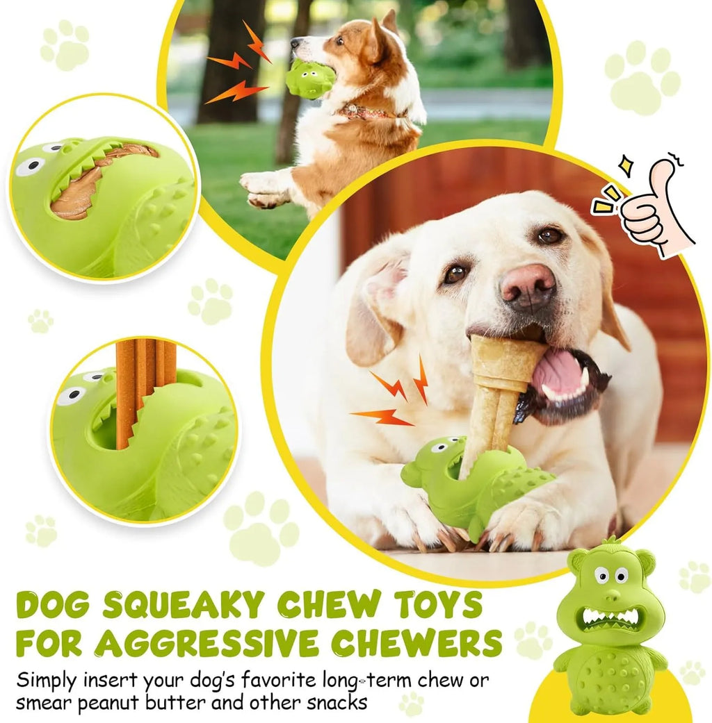 Green and yellow thick natural rubber squeaky dog toy for aggressive chewing breeds.
