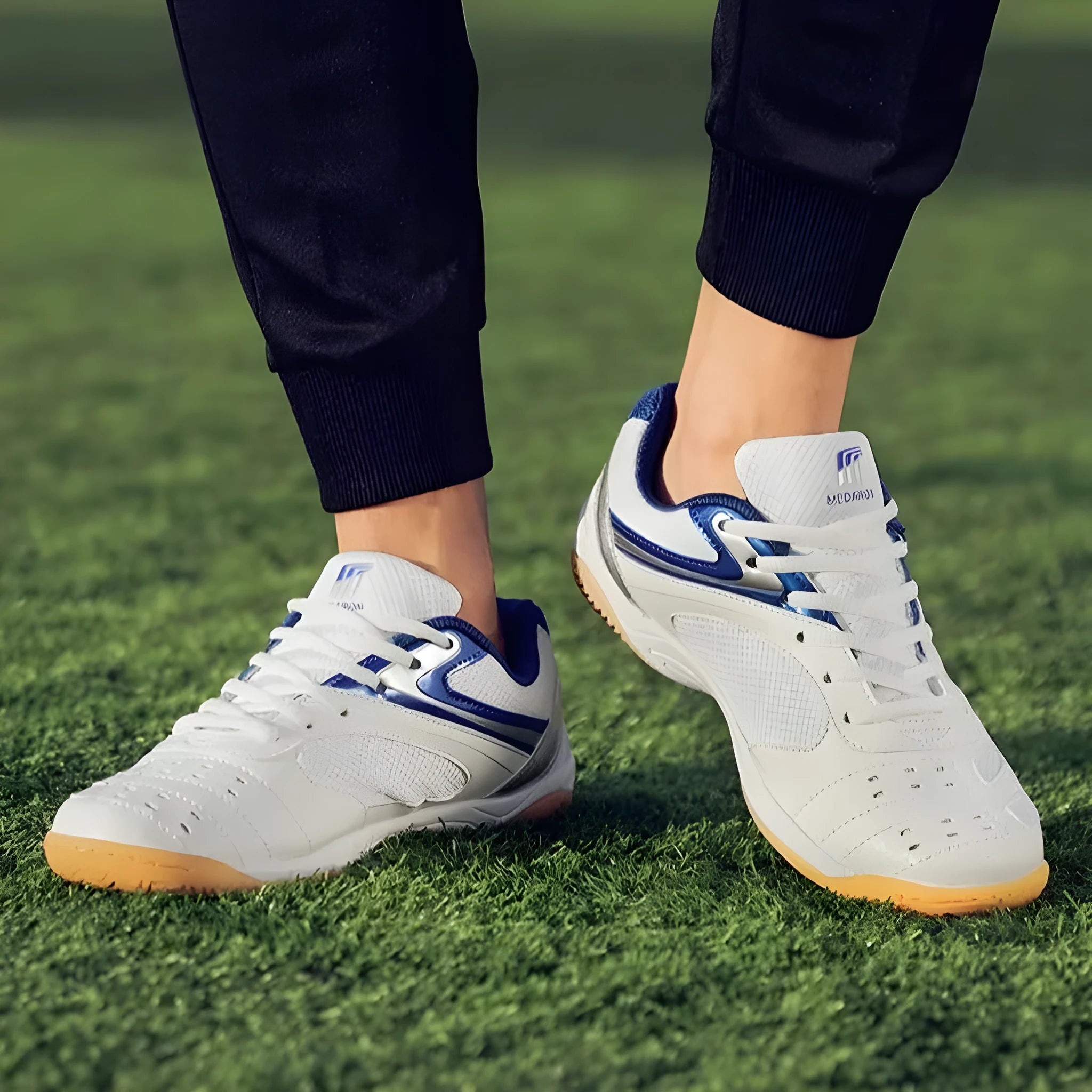 Table tennis sneakers in white and red colour with mesh upper, natural rubber outsole and front lace-up closure