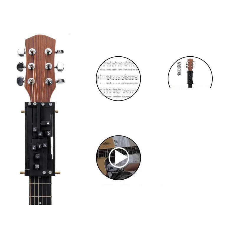 Black automatic chord practice device for novice guitar players attached to acoustic guitar