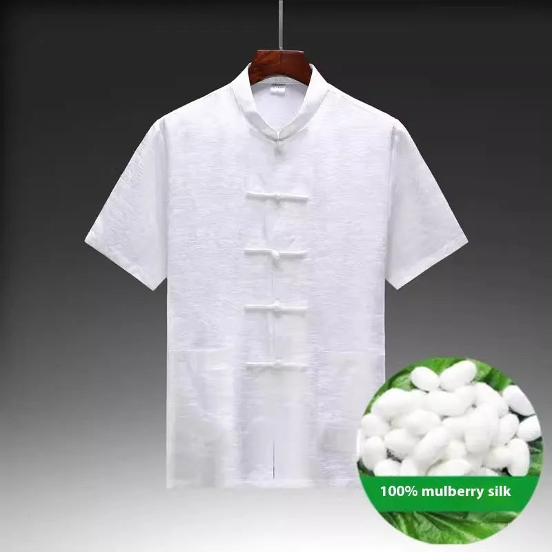 Traditional mulberry silk Tang suit set for men in light green, navy blue or white.