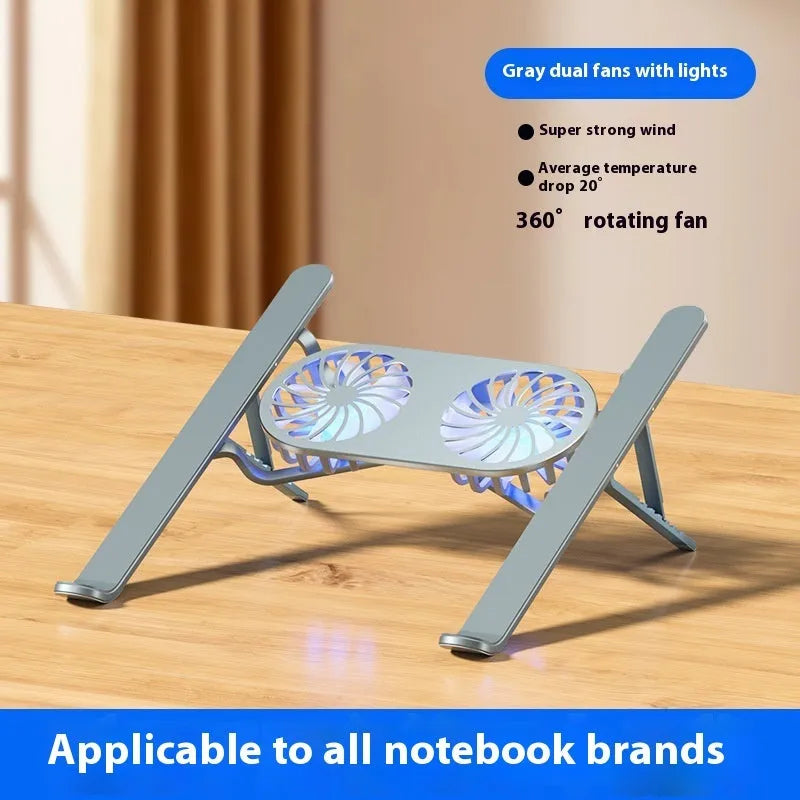 Silver aluminium laptop cooling stand with twin fans and adjustable height mechanism folded for storage