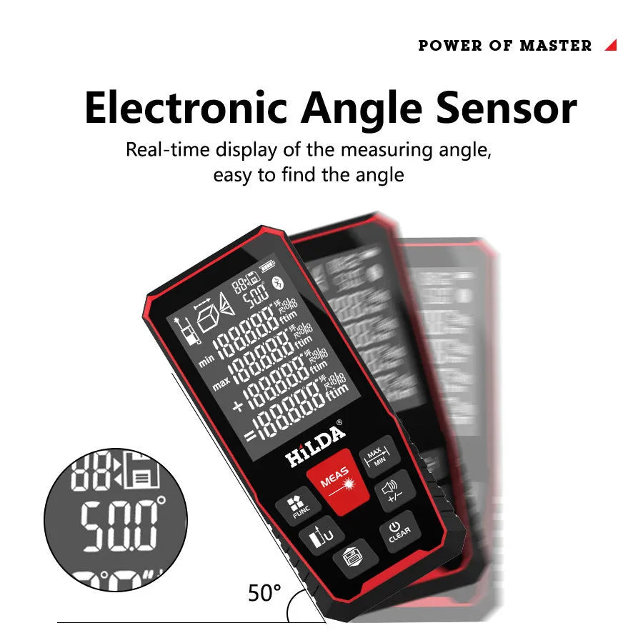A handheld plastic laser rangefinder for measuring distances of 100 or 120 metres.