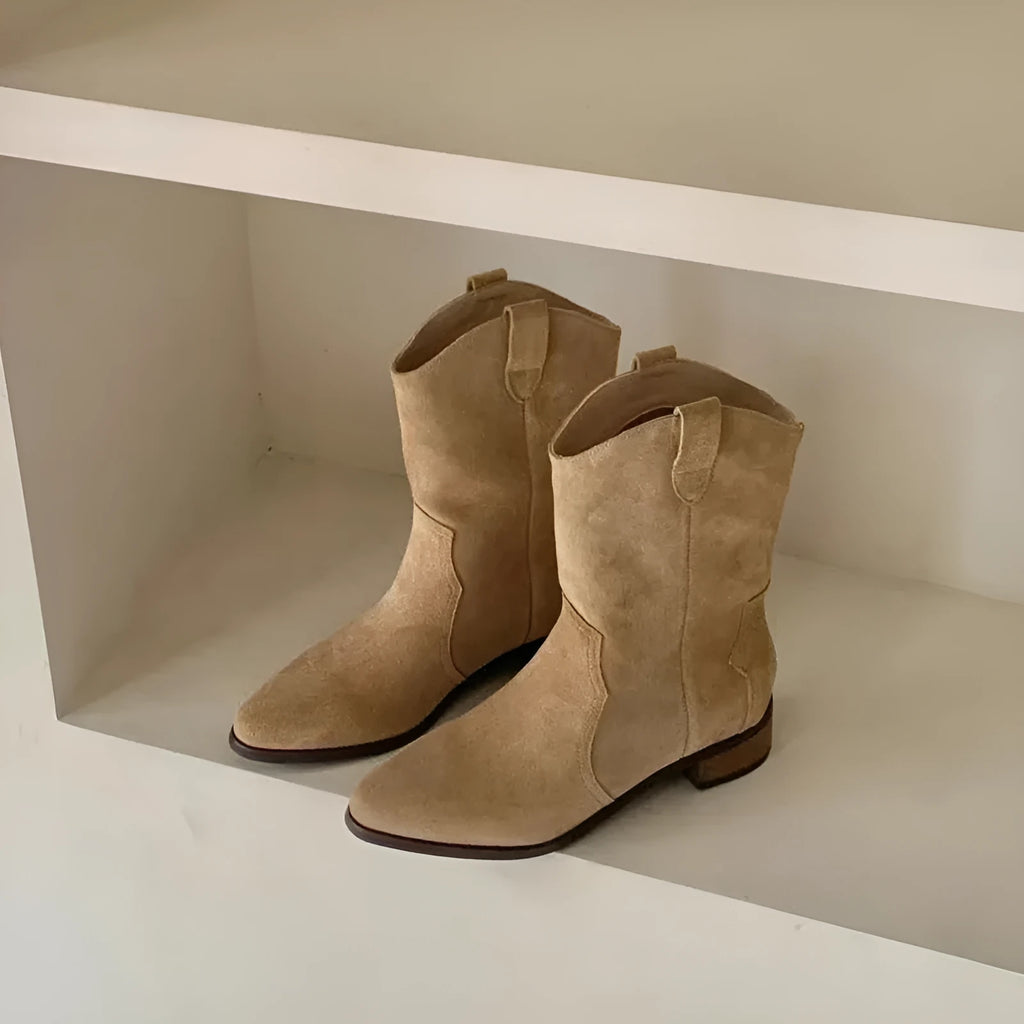 Khaki women's pointed toe chunky heel western cowboy boots with decorative stitching and square toe