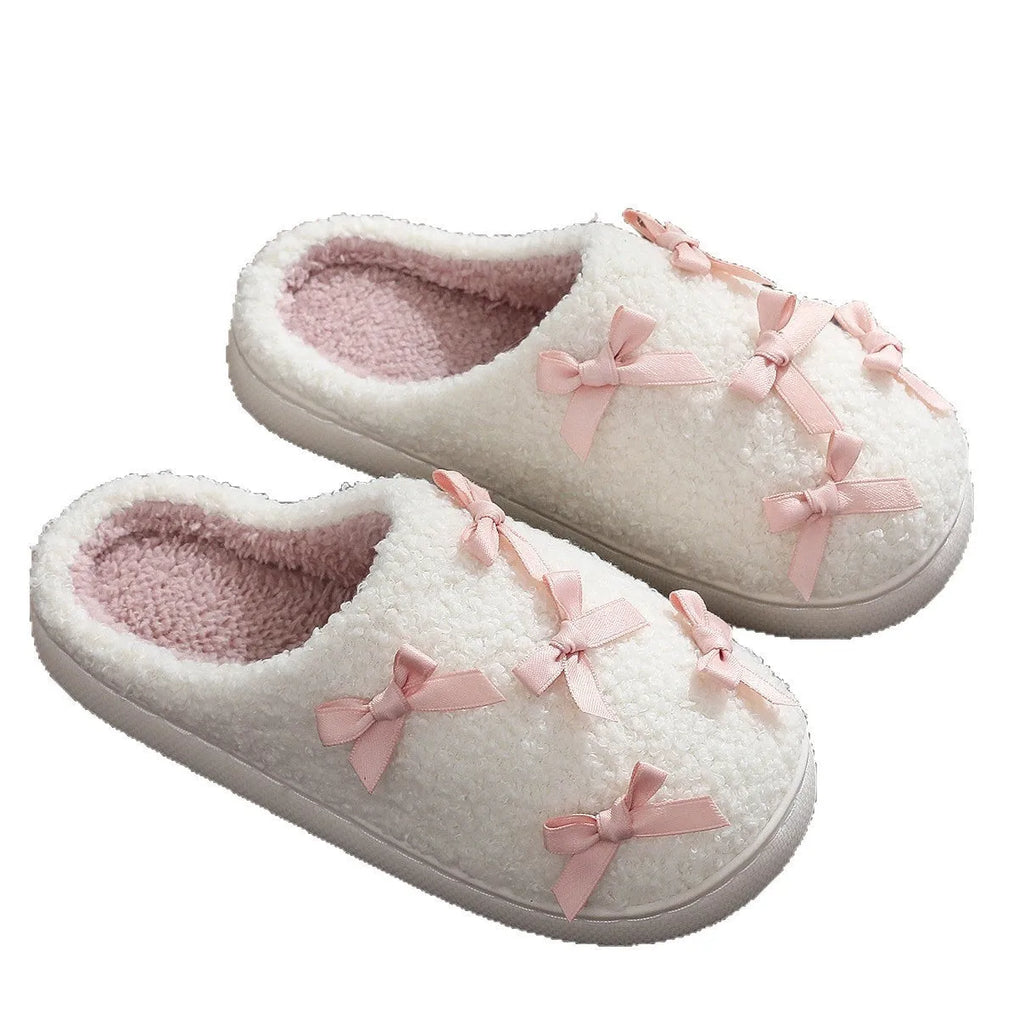 Women's Korean style bow slippers in white and pink, plush upper, TPR sole, flat heel, sizes 36-45