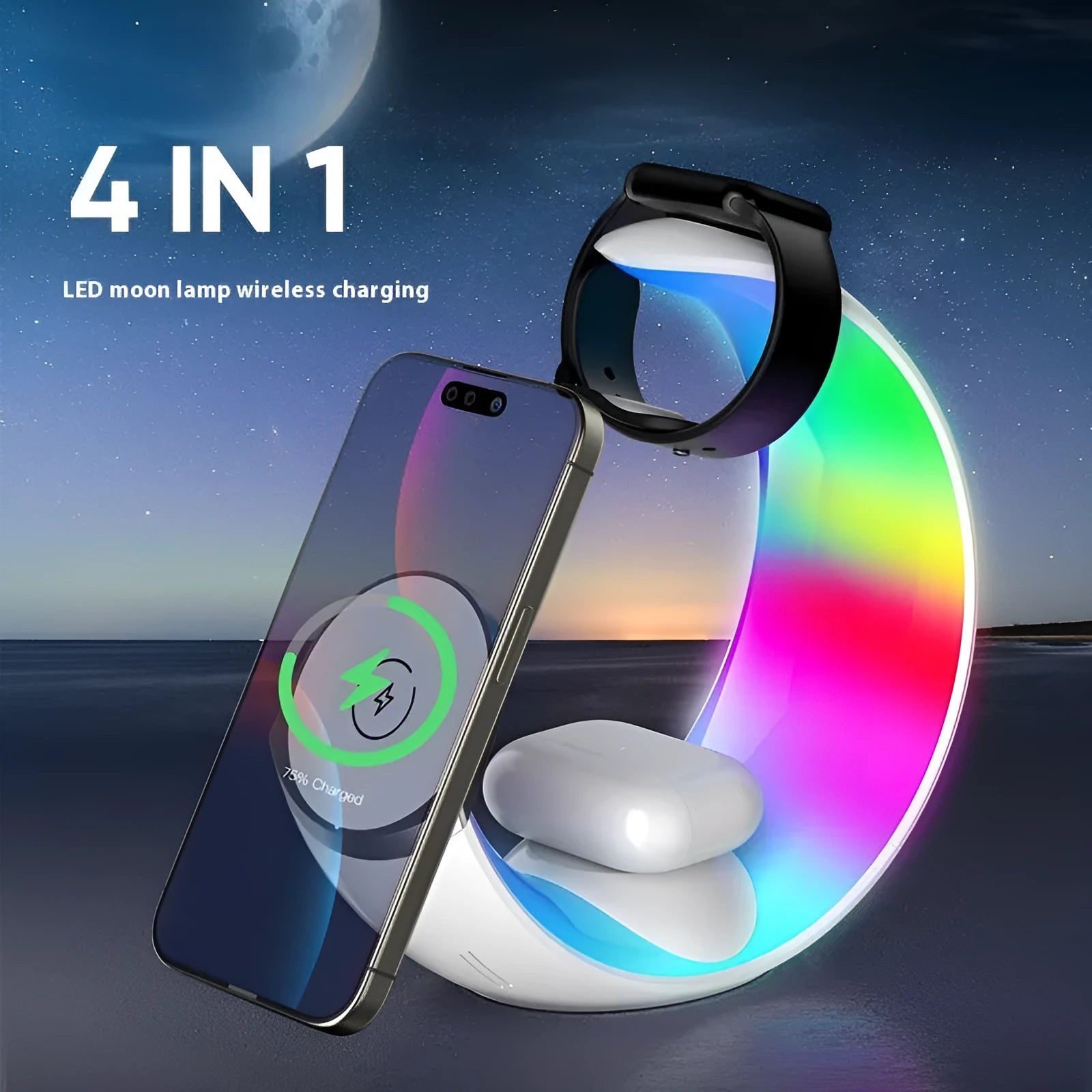 White wireless ambience light and 18W QC3.0 fast charger for bedside use with mobile phone