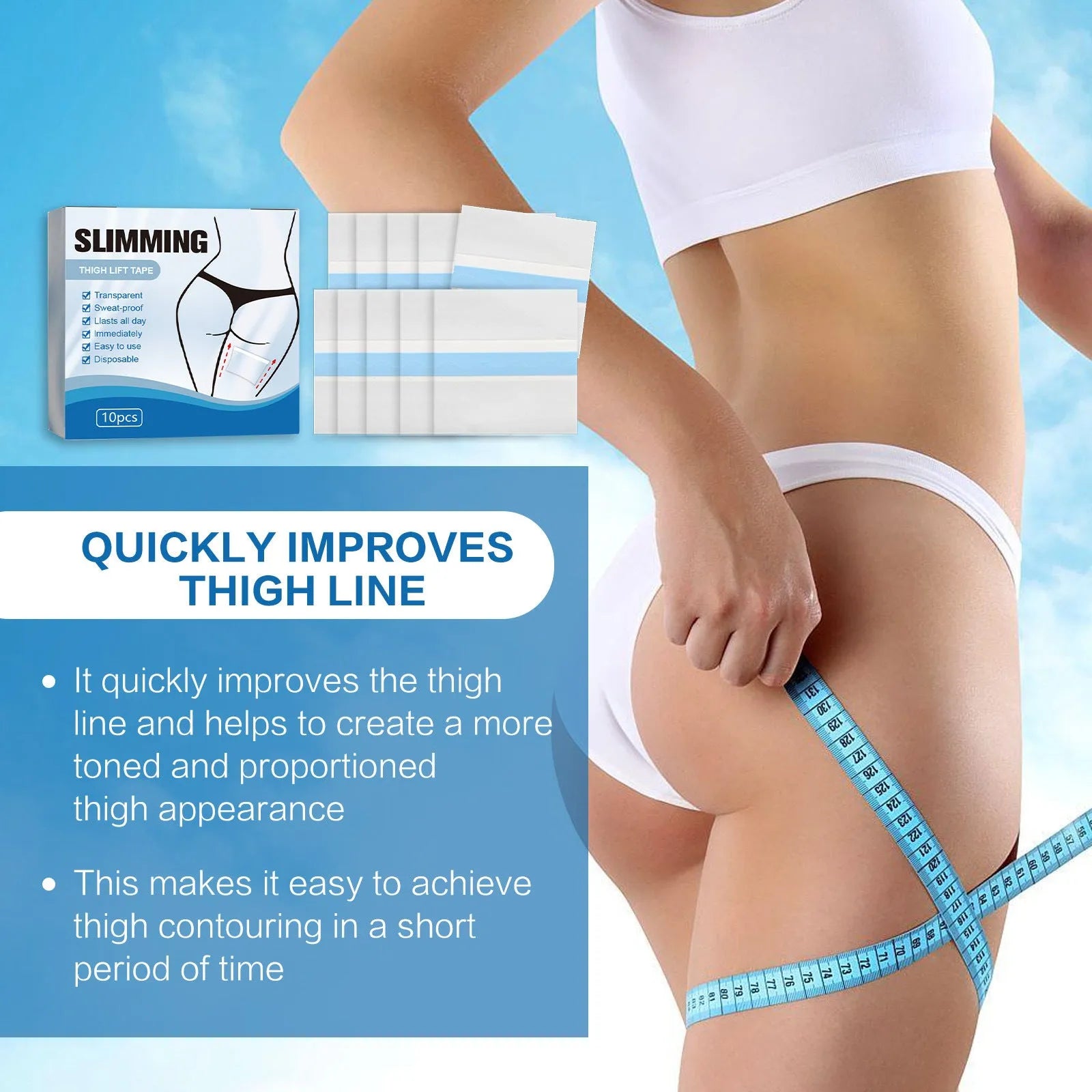 Pack of 10 square slimming body shaping patches on skin, each measuring 12cm.