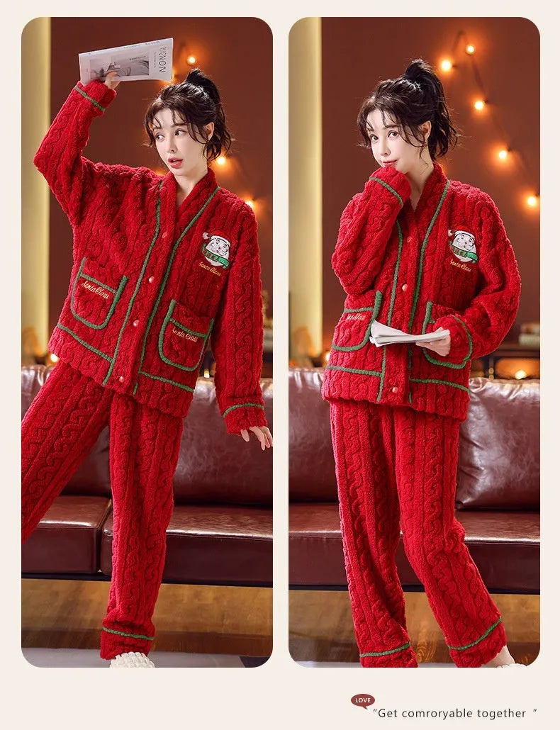 Winter women's red flannel homewear leisure set with long-sleeved top and matching pants