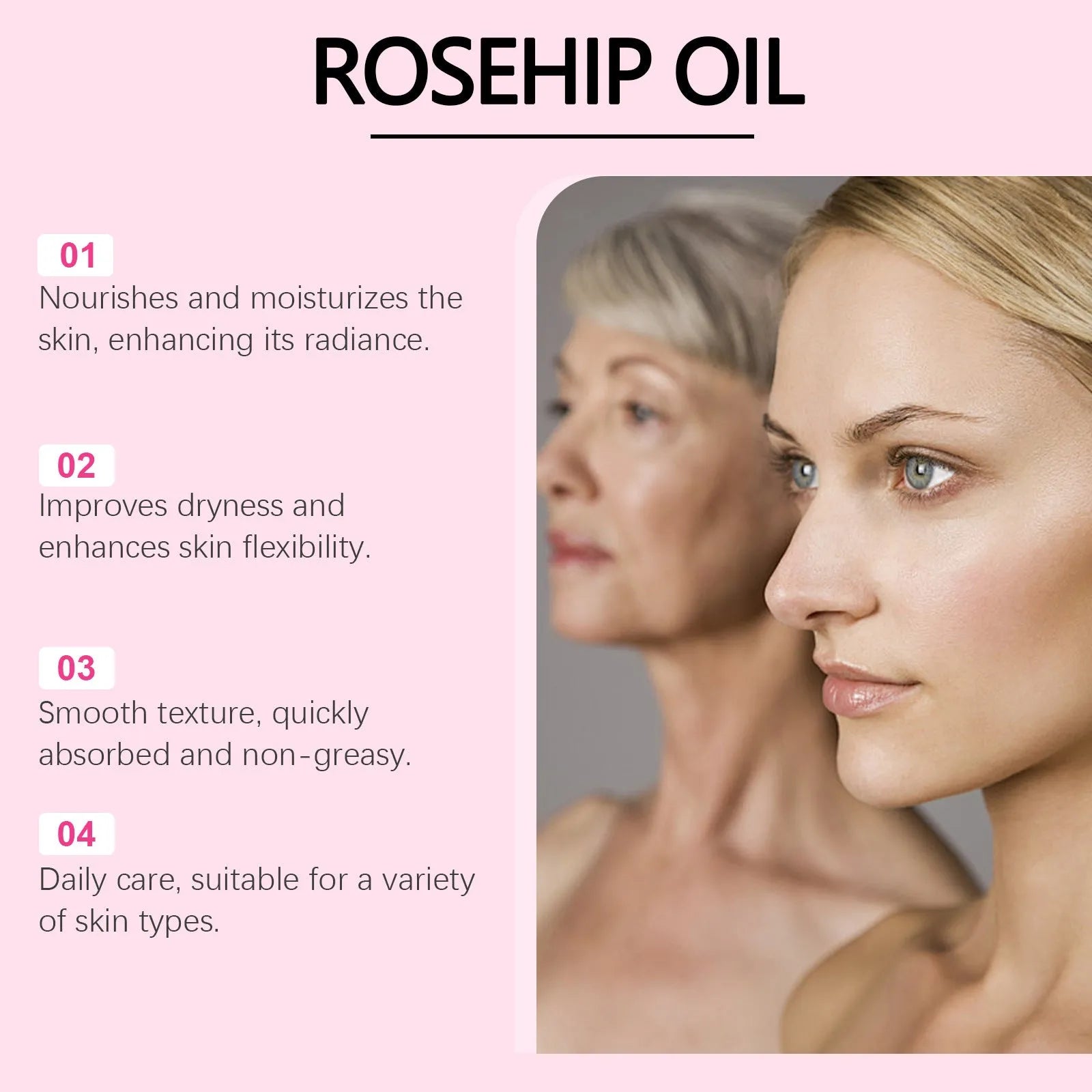 60ml bottle of rose fruit seed facial oil with rose hip oil and vitamin E