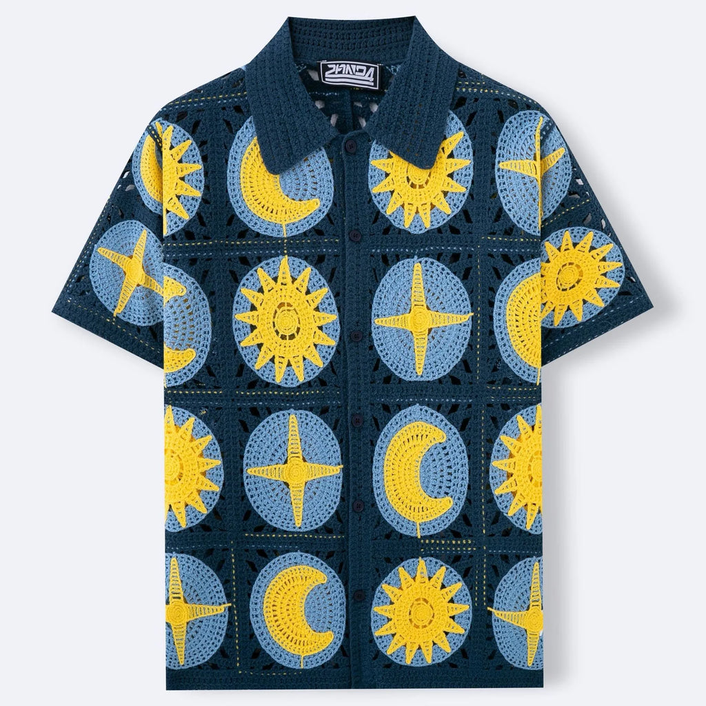 Navy blue men's short-sleeve cardigan sweater featuring a cartoon flocking pattern on the front.
