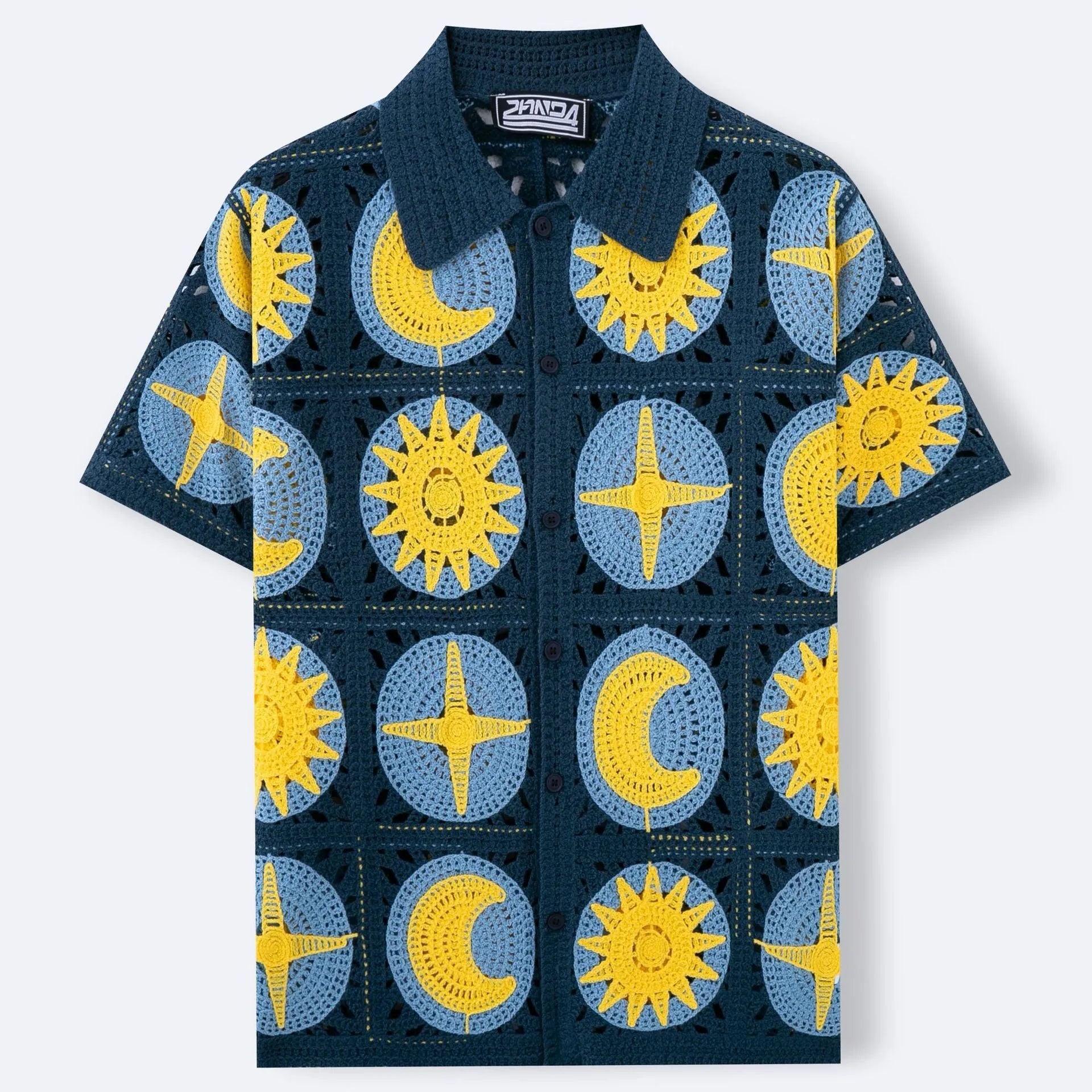 Navy blue men's short-sleeve cardigan sweater featuring a cartoon flocking pattern on the front.