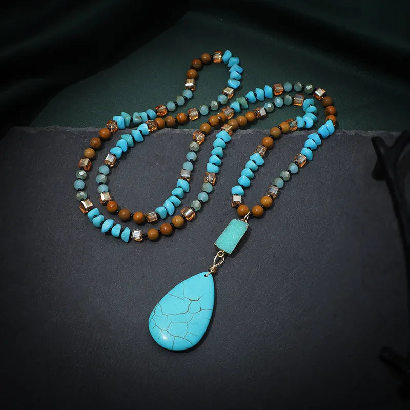 Turquoise blue water drop pendant necklace with mixed gem inlay on ball bead chain