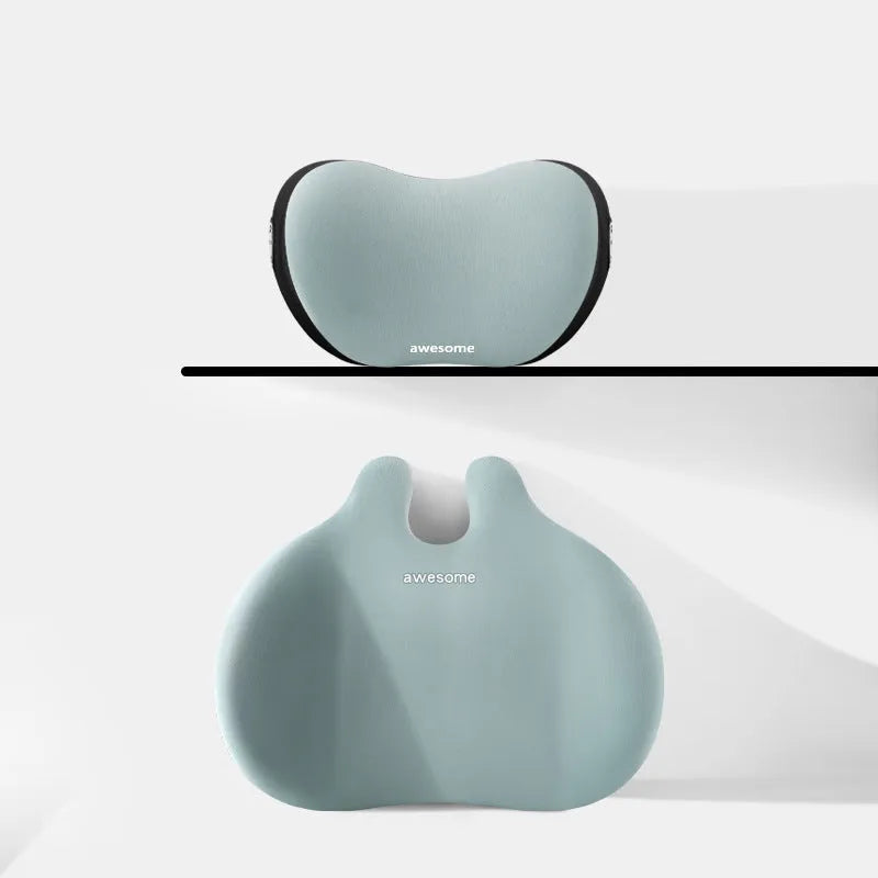 Automotive headrest and lumbar support pillow set in coordinated colours for car comfort