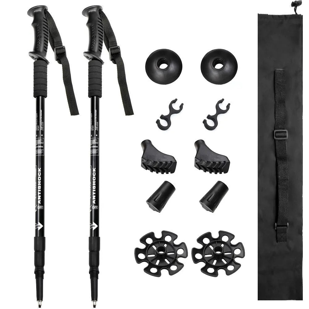 Aluminium alloy adjustable trekking pole extended to full length with mud support accessory attached