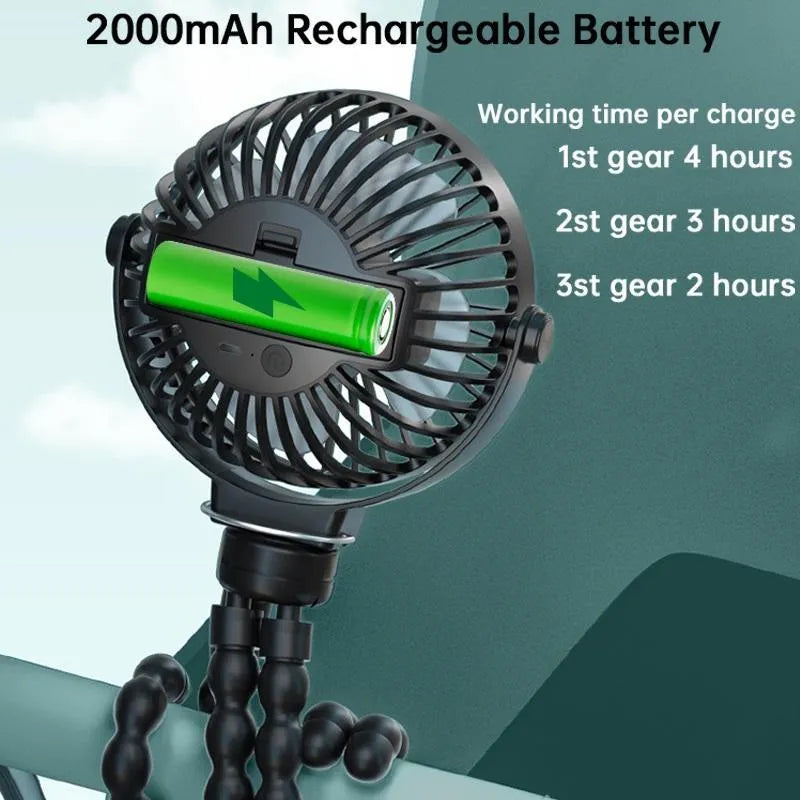 Black portable clip fan with flexible tripod legs and 2000mAh battery for USB charging