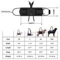Black Oxford cloth dog harness shown on a dog, highlighting the chest strap and sizing options.