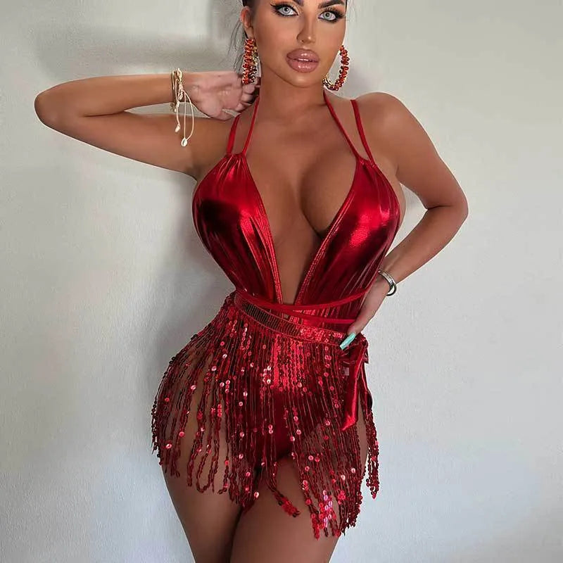 Hot Girl Tassel One-piece Swimsuit solid colour backless high elasticity swimwear gold