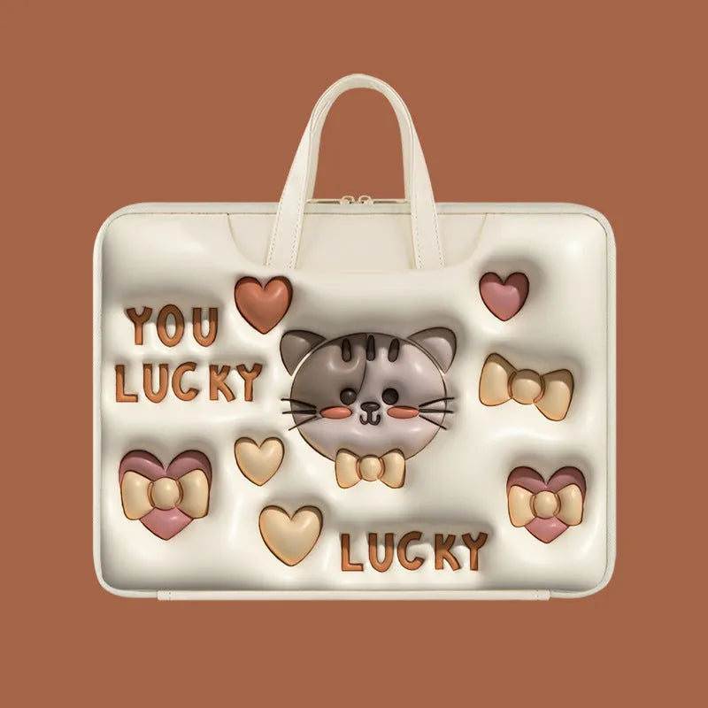 Inflatable laptop bag with PU leather lining and character design hanging from suitcase